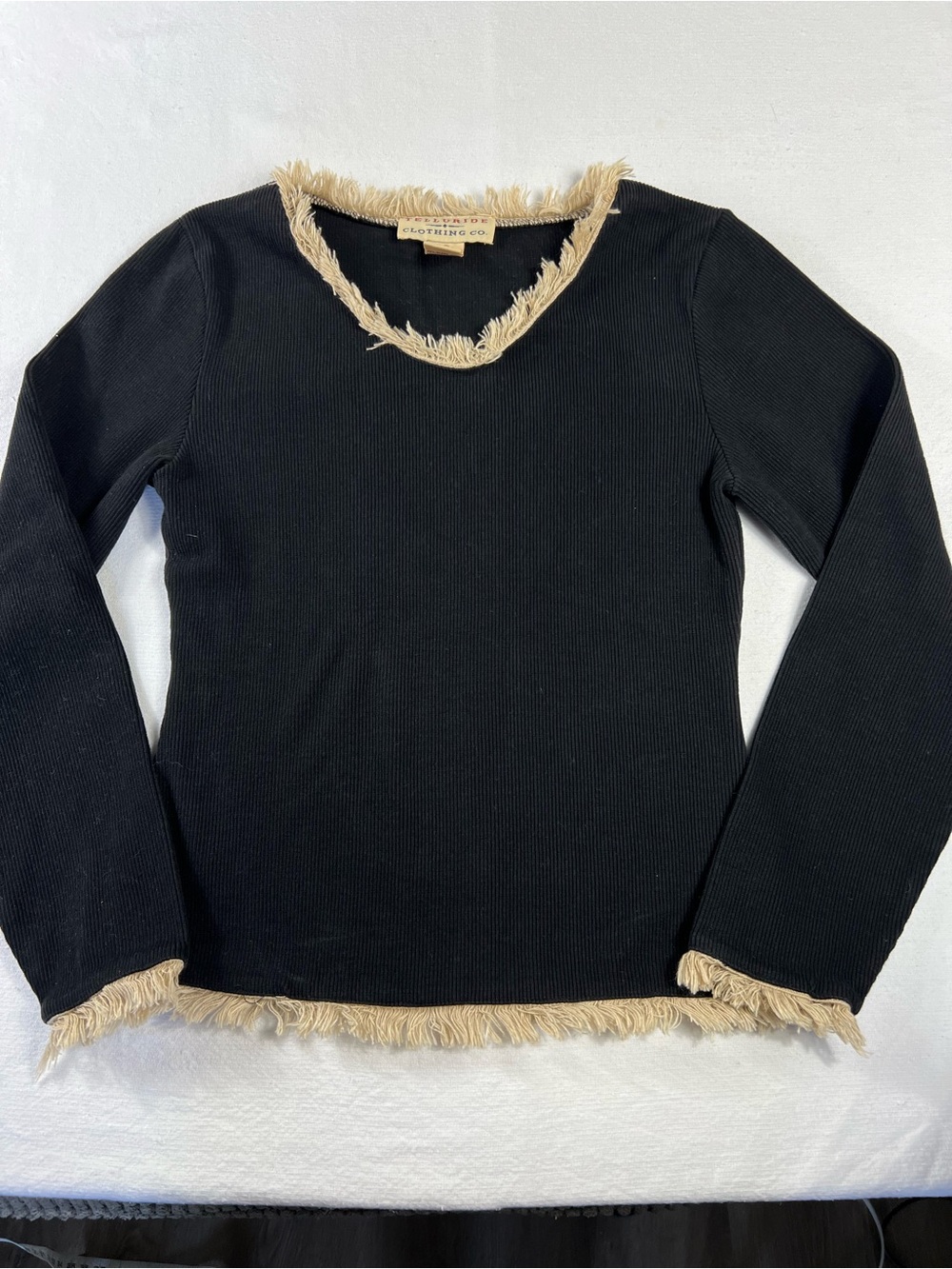 Telluride -Black Long-Sleeve Fringe Trim Ribbed Top